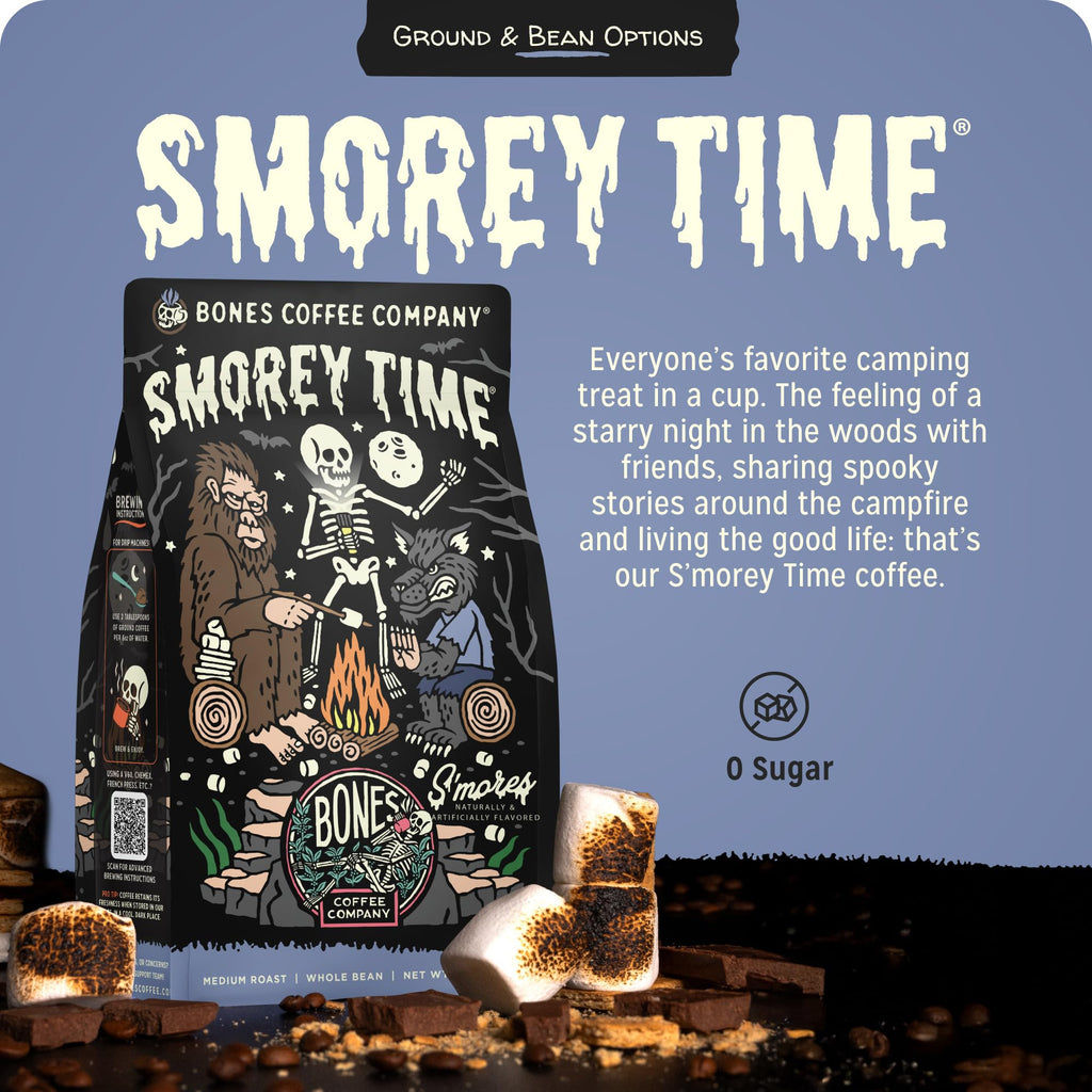 Bones Coffee Company S'morey Time Flavored Coffee - Medium Roast - Ground or Whole Bean - Low-Acid Arabica Coffee Beans - Balanced S'mores and Graham Cracker Flavor - 12 Oz