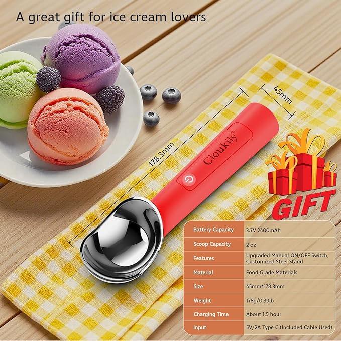 Cloukily Gen 3.0 Heated Ice Cream Scoop, Rechargeable Electric Ice Cream Scooper with LED Display & ON/OFF Switch, IP67 Waterproof Food Grade, for Hard Ice Cream Gelato, Free Stand Included