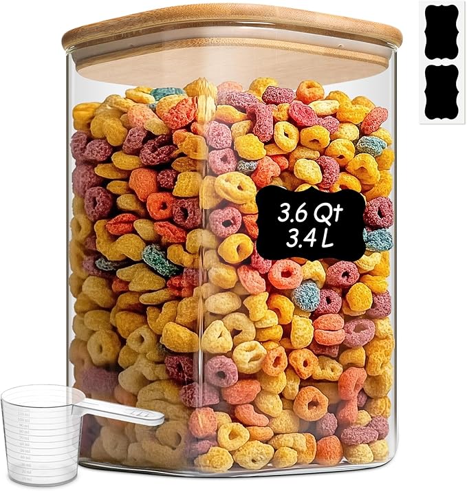 ComSaf Glass Storage Jars with Bamboo Lids 3.6 Qt Large Pantry Square