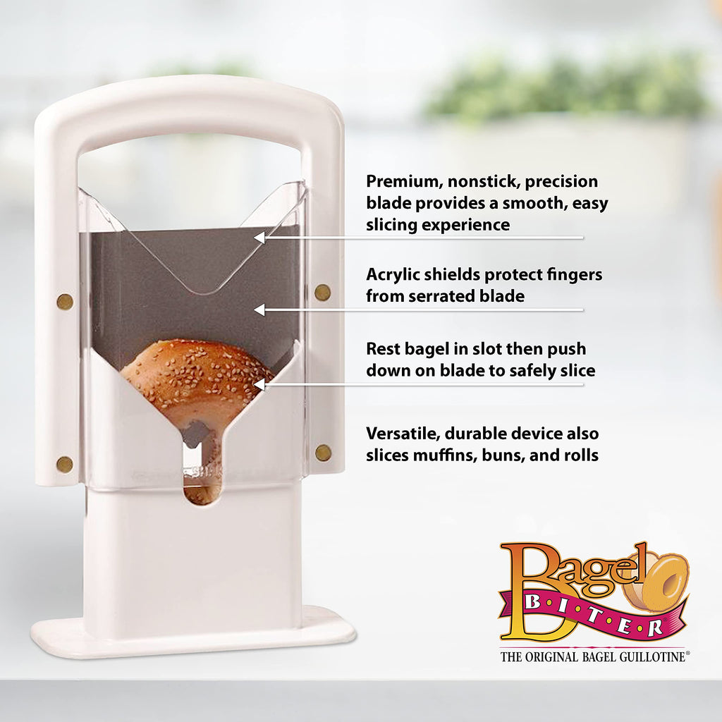 Hoan The Original Bagel Guillotine Slicer - 9.25-Inch Stainless Steel Blade Slicer - Safe and Efficient Easy Bagel Cutter for Muffins, Rolls, Buns with Precision Ground Serrated Blade (White)