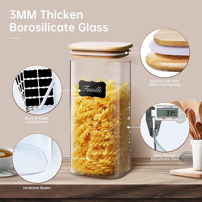 27oz Square Glass Food Storage Containers with Airtight Bamboo Lids, 4 Pack