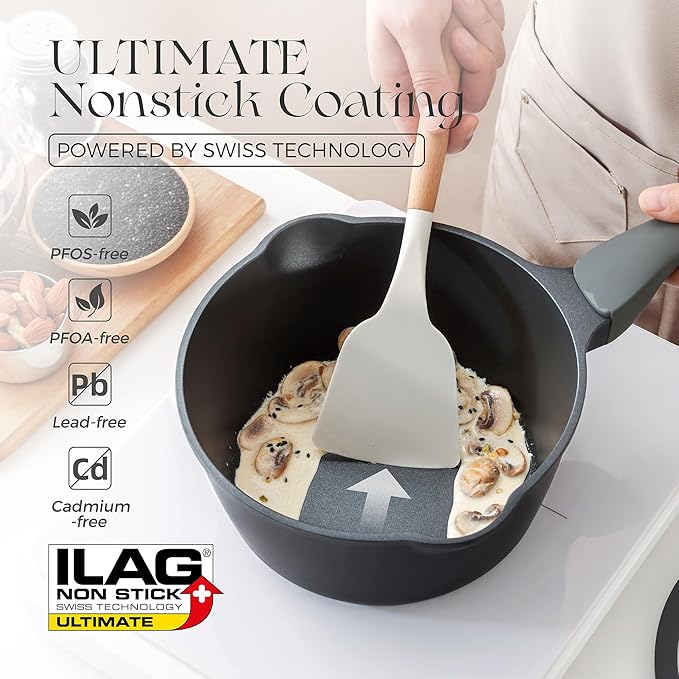 PRICUSIS Nonstick Saucepan with Lid, 2.7 Quart Non Toxic Pot with Pour Spouts, Full Coated, 100% Dishwasher Safe, Induction Compatible, PFOS & PFOA Free, Black Sesame