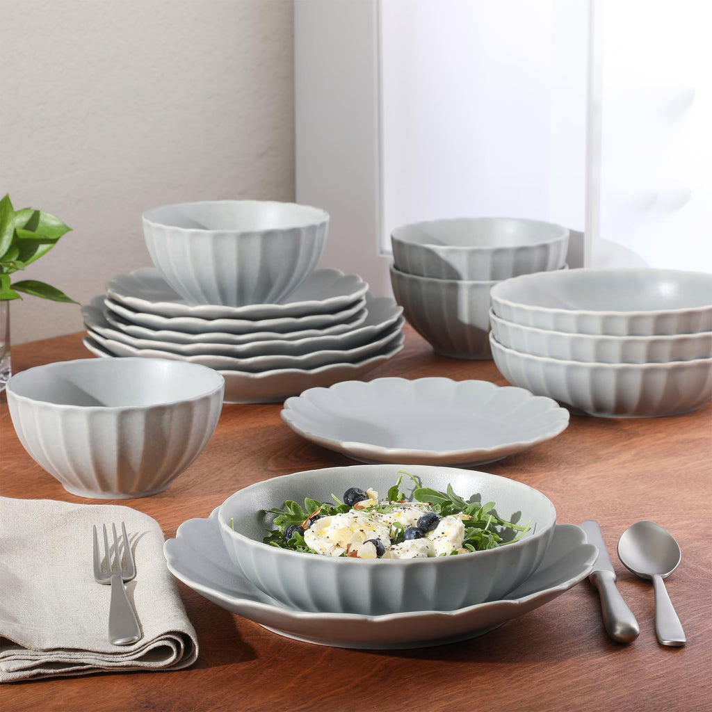 Gibson Elite Malibu Shore 16 Piece Scallop Stoneware Reactive Glaze (Service for 4) Ceramic Plates and Bowls Dinnerware Set - Blue