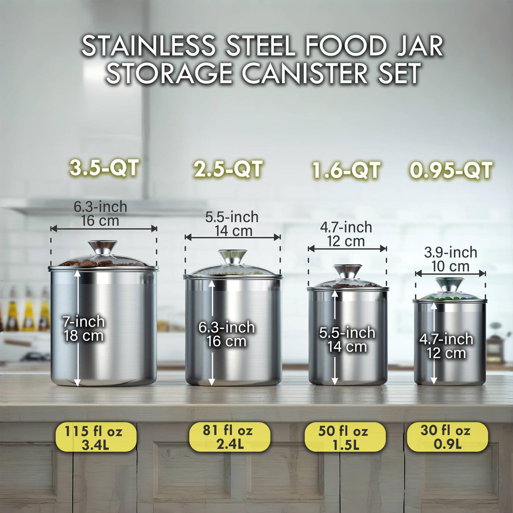 Cooks Standard Airtight Kitchen Canister Set for Coffee, Flour & Sugar Storage – Stainless Steel Food Storage Containers with Glass Lid – Pantry Organization Jars, 4 Pack