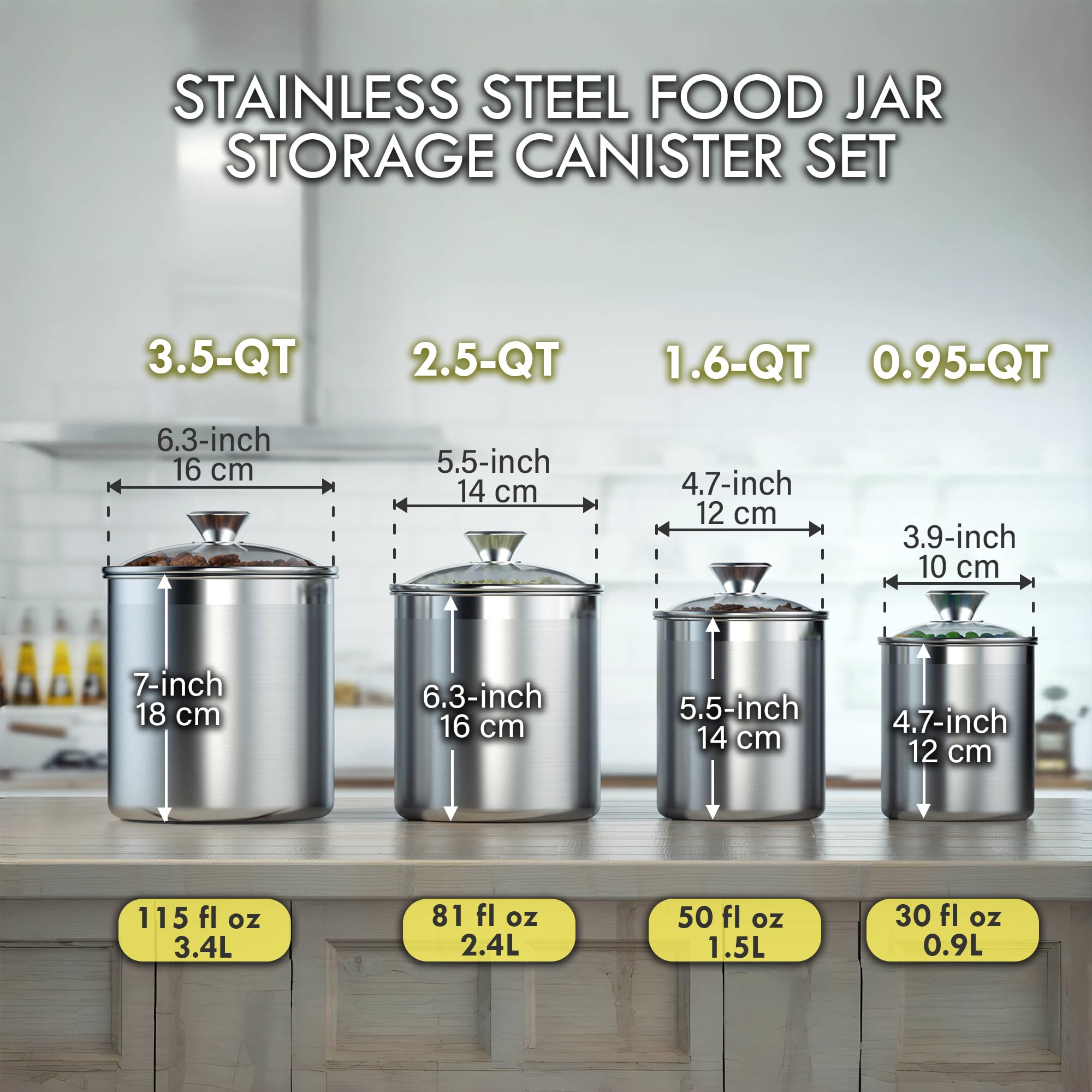 Cooks Standard Airtight Kitchen Canister Set for Coffee, Flour & Sugar Storage – Stainless Steel Food Storage Containers with Glass Lid – Pantry Organization Jars, 4 Pack