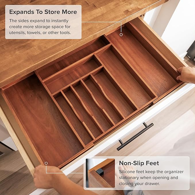 KitchenEdge Silverware & Utensil Drawer Organizer, 16-28 in, Acacia