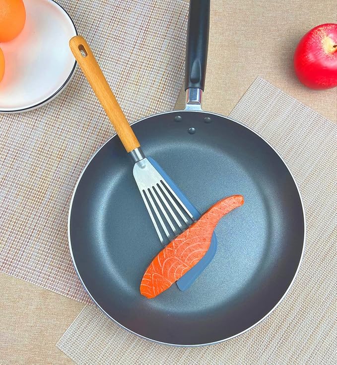 KLAQQED Fish Spatula Set for Nonstick Cookware Flexible Metal Fish Spatula Stainless Steel Small Fish Slotted Spatula Turner with Wood Handle