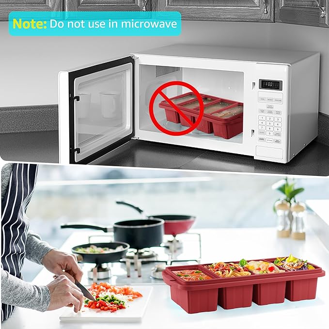 Ztomine Silicone Freezer Tray With Lid - Silicone Freezer Food Molds- Large Ice Cube Tray,Silicone Freezer Container,Freeze & Store Soup, Sauce, Broth,Leftovers - Makes 4 Perfect 1 Cup