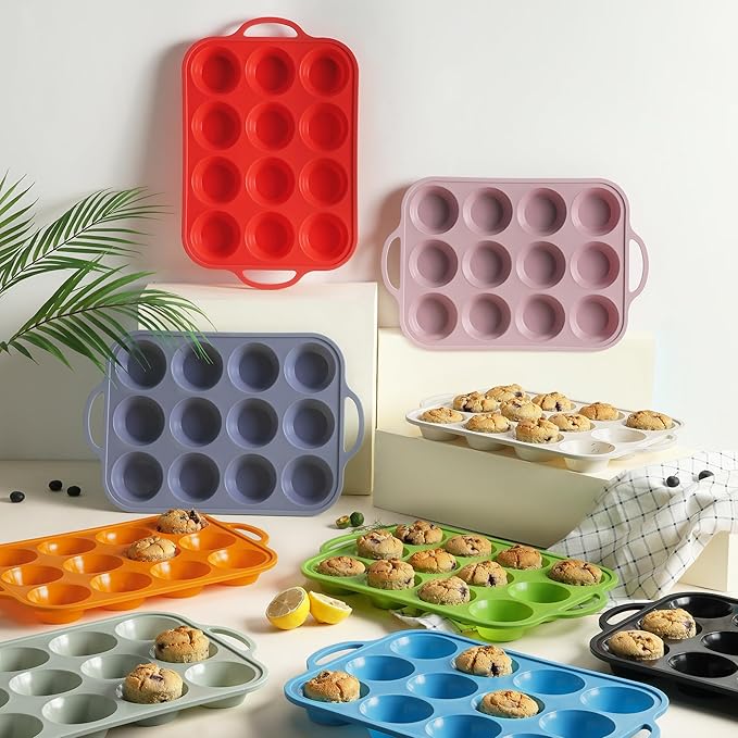 2 Packs 12 Cups Silicone Muffin Pan with Metal Reinforced Frame Regular Size Cupcake Pan Tray Egg Bites Silicone Circle Cookie Molds Muffin Tin Tart Pans Baking Sheet Set for Breakfast Sandwiches