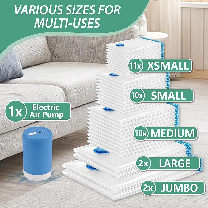 Cozy Essential Travel Vacuum Storage Bags with Rechargeable Cordless USB Pump, Space Saver Bags for Luggage, Suitcase, Carry-On, for Clothes, Blankets, Bedding & Seasonal Storage,35 Combo
