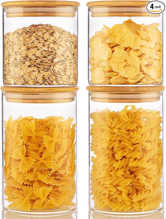 32 oz & 21 oz Round Glass Food Storage Containers with Bamboo Lids, 4 Pack