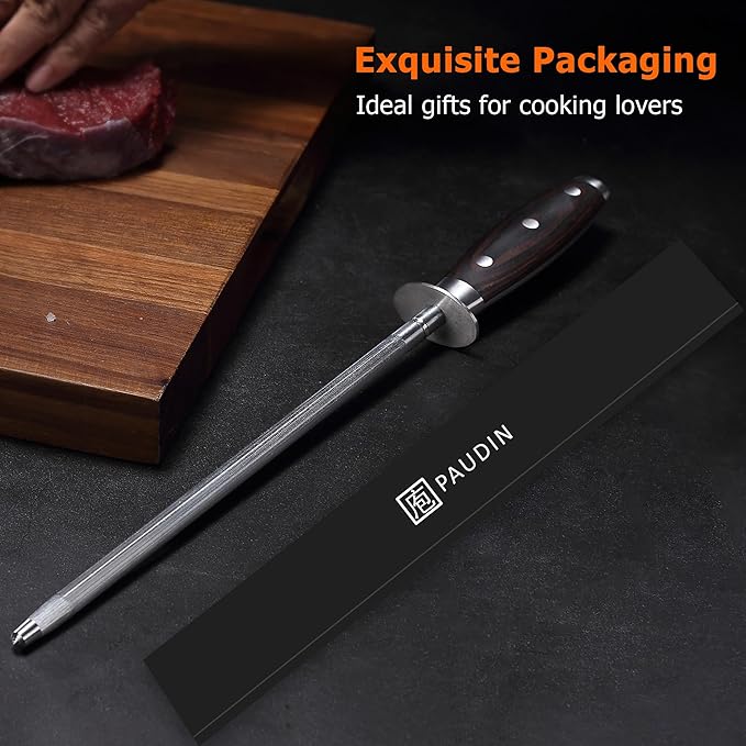 PAUDIN Honing Rod, Knife Sharpener Rod 10 inch, Professional Kitchen Knife Sharpener, High Carbon Knife Sharpening Steel with Ergonomic Pakkawood Handle, Honing Steel for All Chef Knives