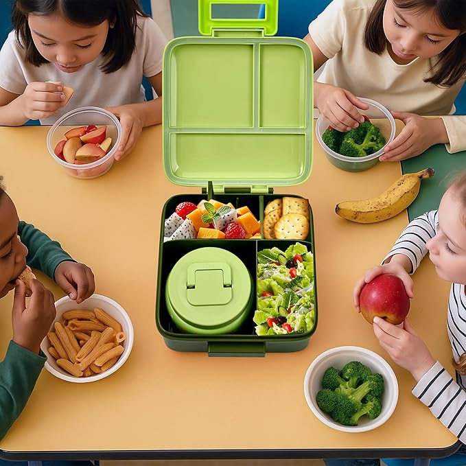 Bento Lunch Box for Kids with 8oz Soup Thermo Leak-Proof Lunch Food Containers with Snack Sauce Container for Kid Girls Boys to School (Forest Dinosaur)