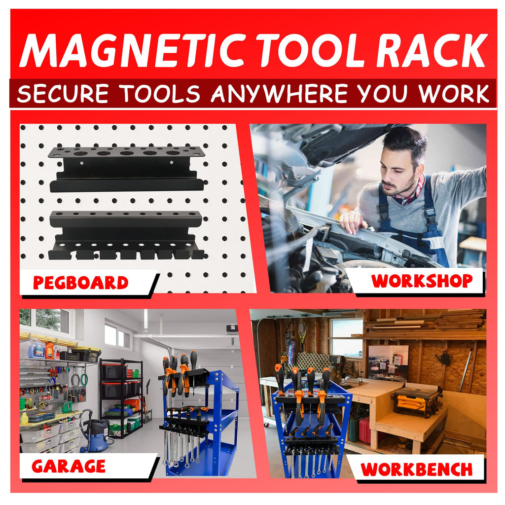 ULIBERMAGNET Magnetic Screwdriver Holder,Magnetic Wrench Holder,Heavy Duty Black Metal Tool Storage Organizer,Set of 2 Magnetic Mount Tool Holder for Garage,Workbench,Tool Cart,PegBoard