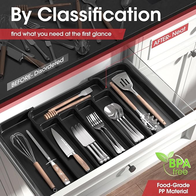 Aujen Silverware Drawer Organizer, Adjustable Utensil Cutlery Tray