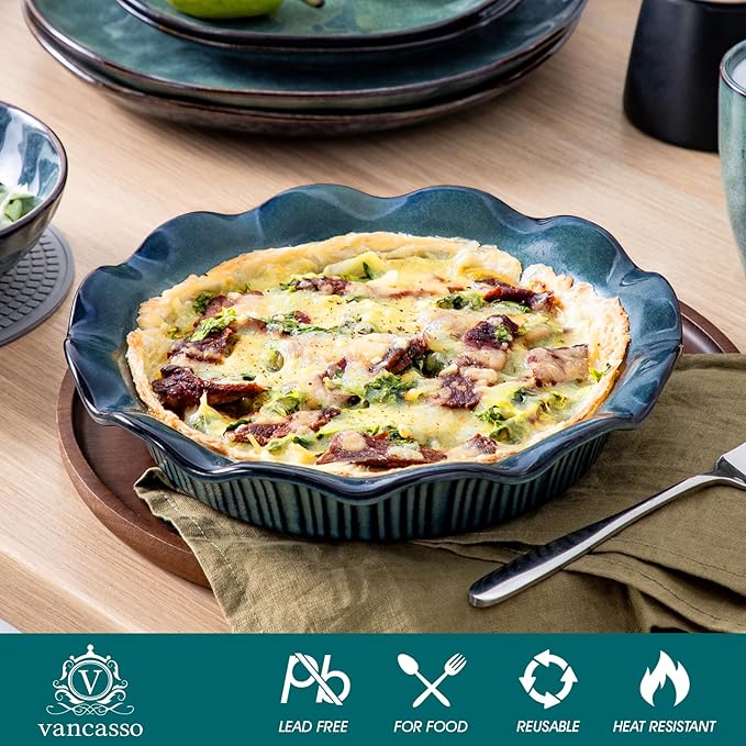 vancasso Ceramic Pie Pan for Baking, 9 inch Deep Pie Plates for Apple Pie, Pot Pie, Tart and Quiche, Reactive Glaze Fluted Pie Pans, Large Pie Dish with Ruffled Edge, Green, STERN Series
