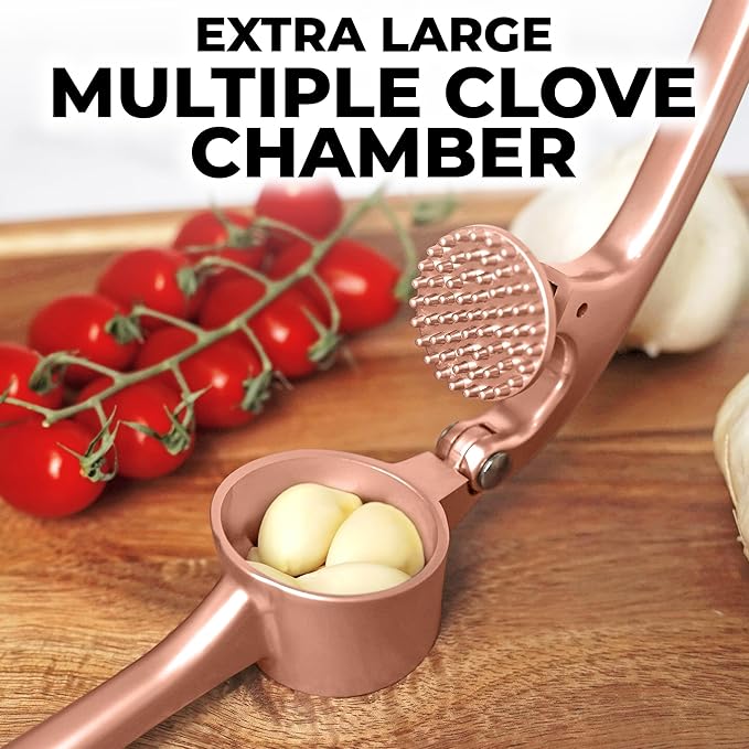 Zulay Kitchen Large Premium Garlic Press Set - Bigger Bowl for Bigger Garlic - Rust Proof Garlic Mincer Tool - Easy-Squeeze, Easy-Clean Silicone Garlic Peeler & Brush (Rose Gold)