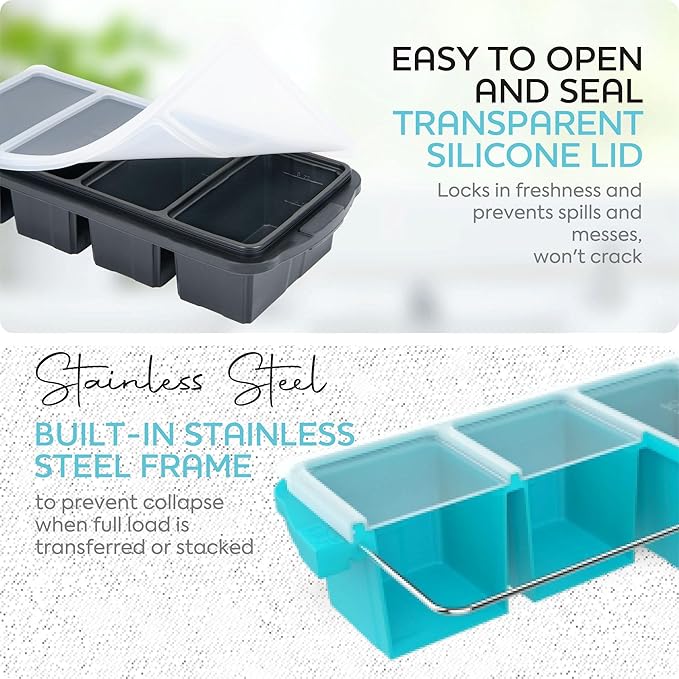 XOMOO Silicone Freezer Tray With Lid - Soup Freezer Container molds - Large Ice Cube Tray- makes 8 perfect 1 cup portions cubes, 2-Pack Freezer Storage Food Soups & Meal Prep - Oven & Dishwasher -Safe