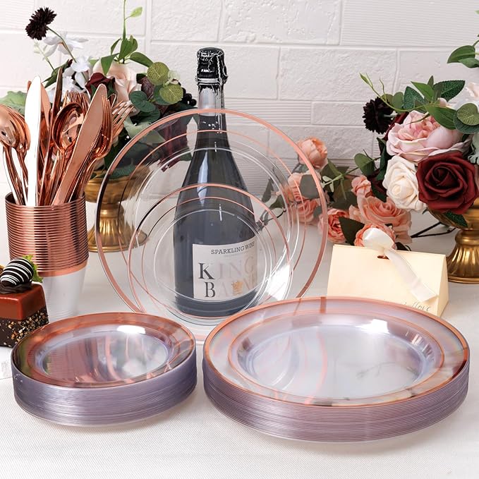 bUCLA 600PCS Clear Rose Gold Plastic Dinnerware Set Disposable - Include 100 Dinner Plates, 100 Dessert Plates, 100 Knives, 100 Forks, 100 Spoons, 100 Cups for Party & Wedding