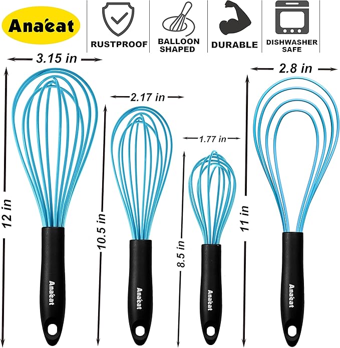 Anaeat Silicone Kitchen Whisk Set of 4, Perfect for Non-Stick Cookware, Milk and Egg Beater Blender for Whisking, Cooking, Baking, Beating - 11'' Flat Whisk and 9''+11''+12'' Balloon Whisks (Blue)