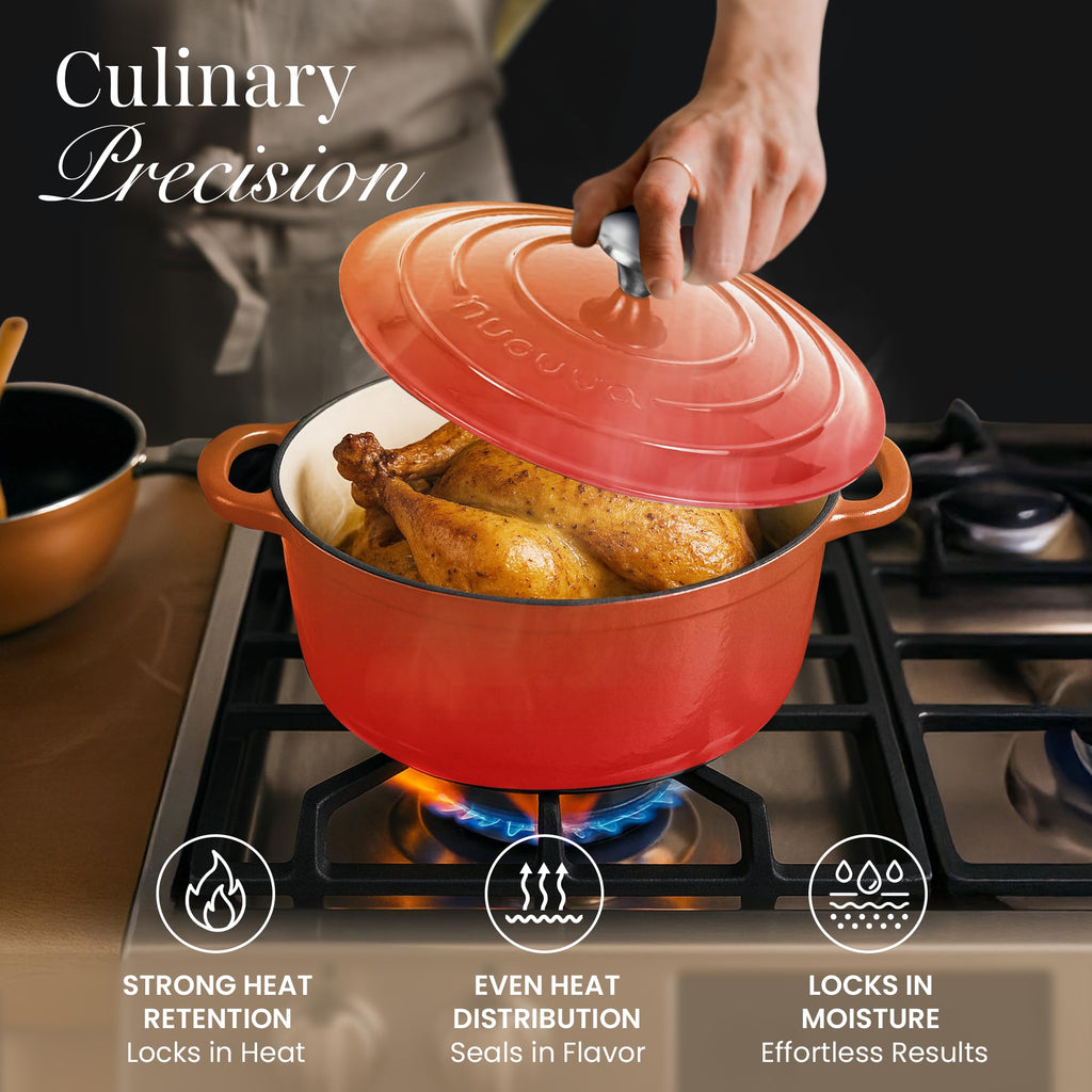 Cast Iron Pot with Lid-Non-Stick Ovenproof Enamelled Casserole Pot, Oven Safe up to 500° F-Sturdy Dutch Oven Cookware - Orange, 5-Quart, 24cm by- Nuovva