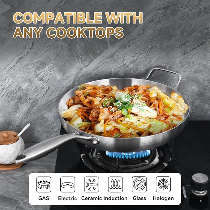 LOLYKITCH 14'' Tri-Ply Stainless Steel Pan | Large Frying Pan with Lid
