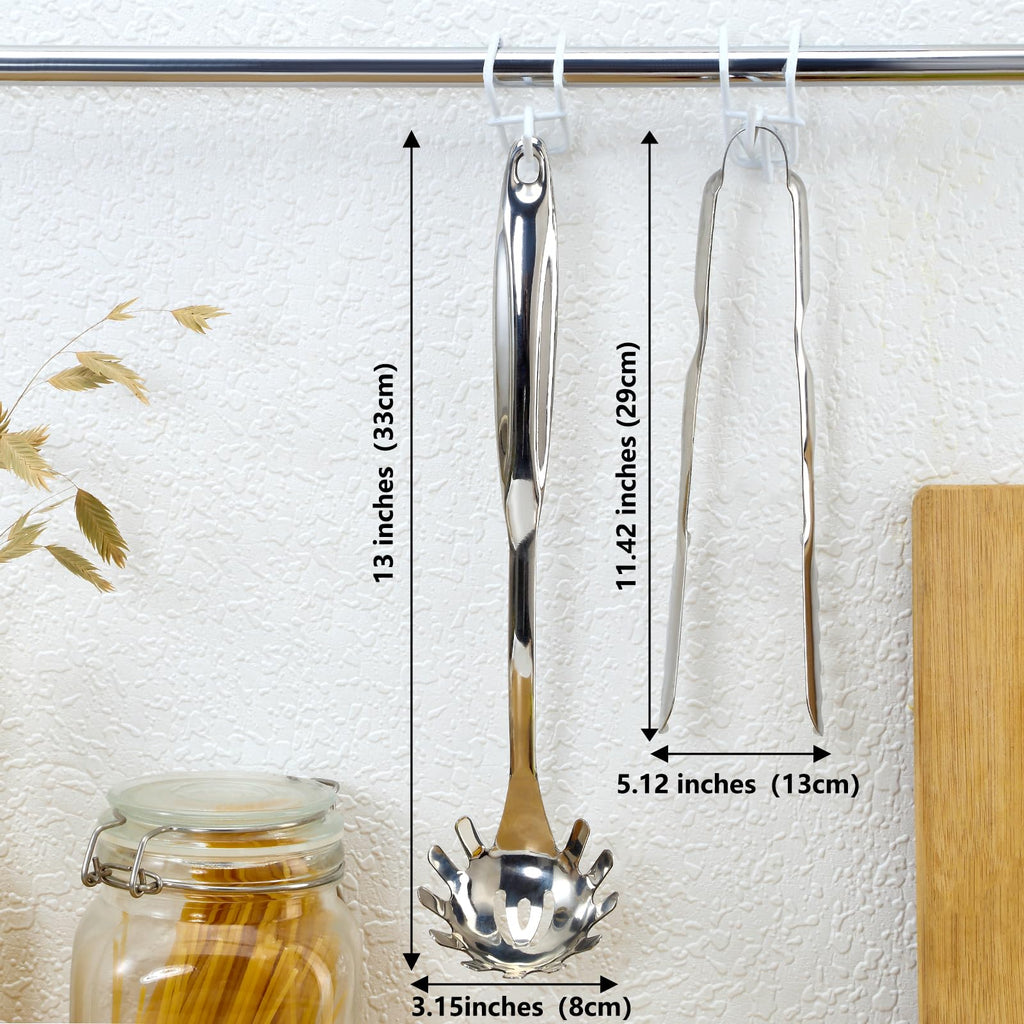 Pleafind Spaghetti Spoon and Spaghetti Tong 2-Piece Set, 13-Inch Non-Stick Spaghetti Fork and 11.4-Inch Kitchen Tong, Easy Storage and Cleanup, Ergonomic Design, Stainless Steel