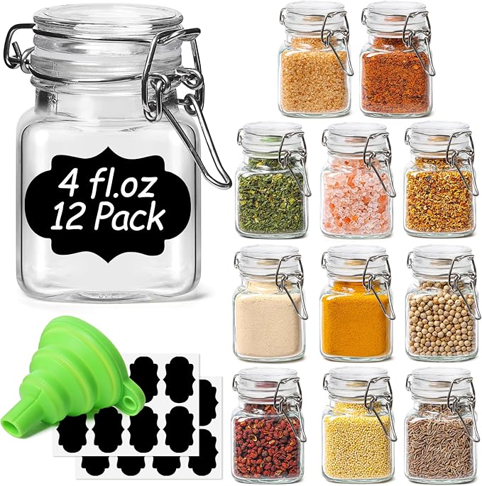 ComSaf Square Small Glass Spice Jars with Airtight Lids 4 oz 12 Pack Pantry