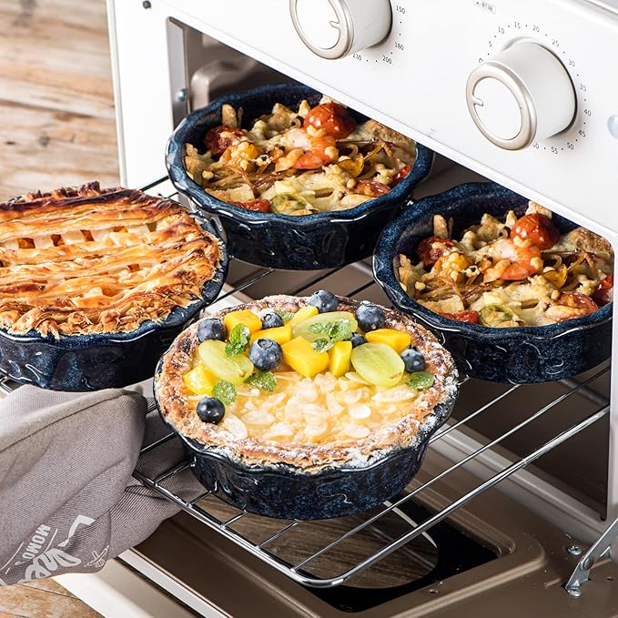 vicrays Ceramic Pie Pan for Baking - 5.5 inch Small Pie Plates Deep Dish Round Pot Casserole Mini Serving Bowl, Microwave Oven Safe for Dessert Apple Pie Cake Tart Pizza, Set of 6 - Blue