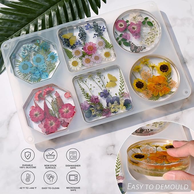 Actvty Resin Coaster Molds, Coaster Silicone Molds for Resin Casting, 6-Cavity of Round Square Octagon Large Coasters Molds DIY Custom Coasters Resins Craft Gifts Home Decor