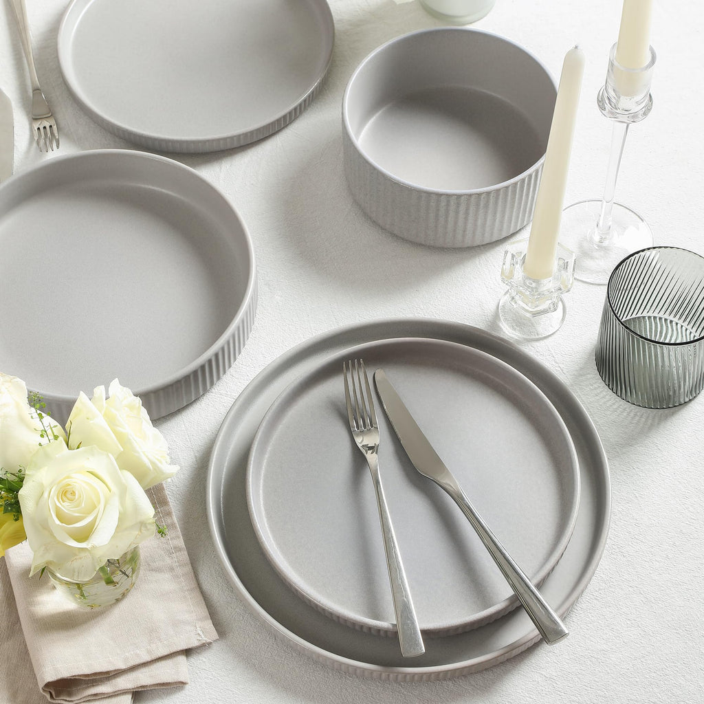 Stone Lain Haven Stoneware 32-Piece Dinnerware Set, Plates and Bowls Sets for 8, Grey Dish Set, Includes Dinner and Salad Plates, Cereal Bowls, Glassware, Microwave & Dishwasher Safe