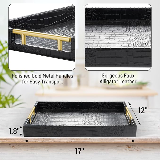 ATZYmolin 17"x12" Leather Serving Tray, Gold Handle Vanity Platter, Black