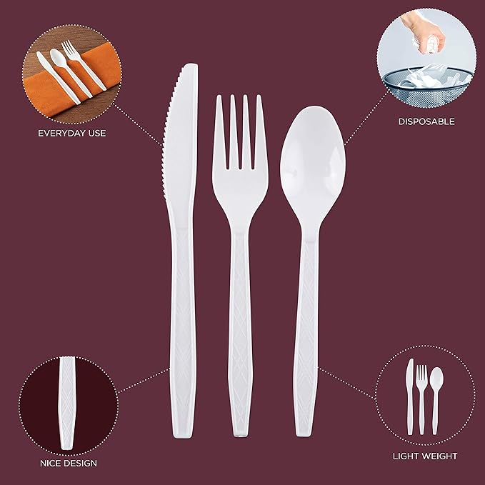 Party Bargains White Plastic Cutlery 2160 pcs: 1080 Forks, 720 Spoons, 360 Knives. Argyle Design, Heavy Duty & Solid Disposable Silverware Utensils Combo Pack Set for Weddings, Buffets, Luncheons