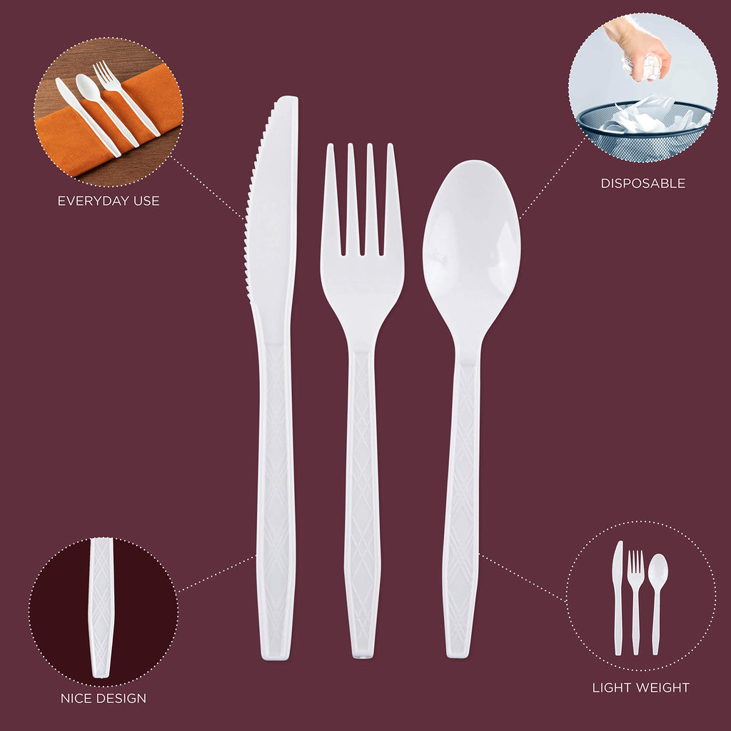 Party Bargains White Plastic Cutlery 2160 pcs: 1080 Forks, 720 Spoons, 360 Knives. Argyle Design, Heavy Duty & Solid Disposable Silverware Utensils Combo Pack Set for Weddings, Buffets, Luncheons