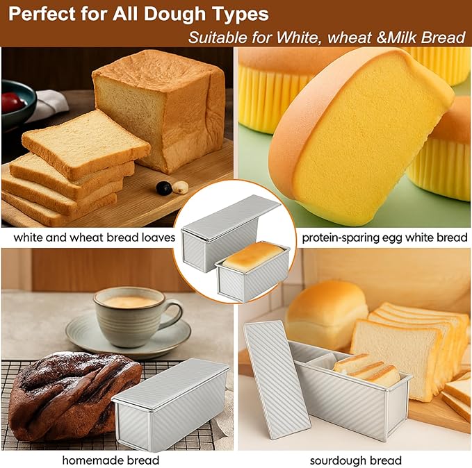 Logario 2-pack Pullman Loaf Pan with Lid (13x5 & 8.4x4.8 inch) - Nonstick Aluminum Steel Bread Pan Set, Vented Bottom for Even baking, PFOA & PTFE free, for Sandwich Bread, Sourdough, Toast & Shokupan
