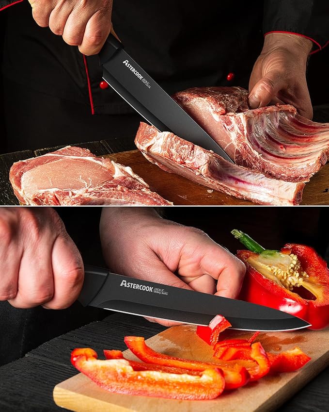 Astercook 15 Pieces Kitchen Knife Block Set with Sharpener, Black