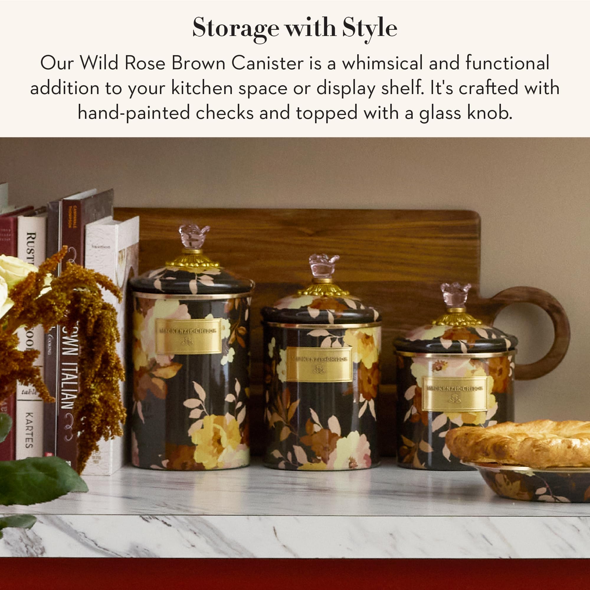 MACKENZIE-CHILDS Enamel Canister, Large, Wild Rose Brown