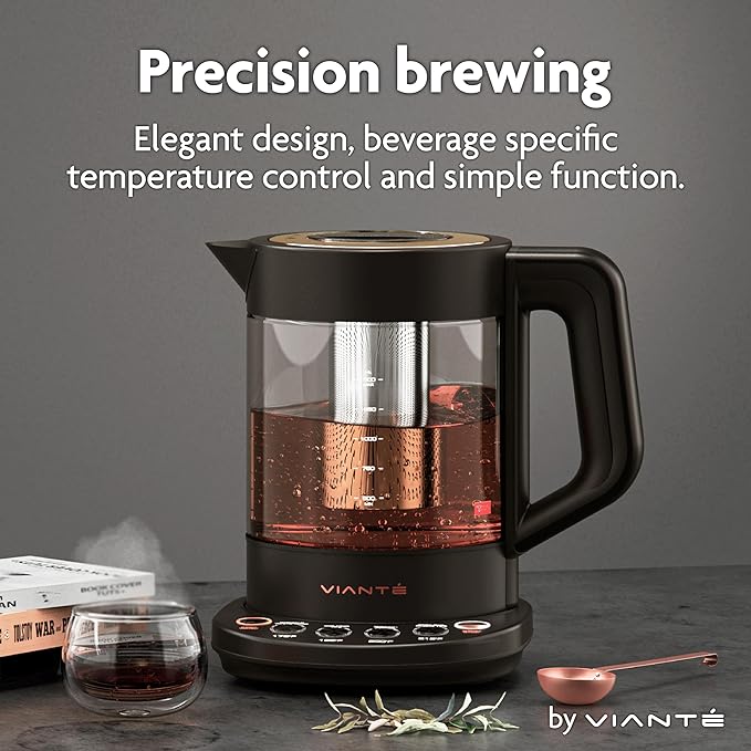 Viante Alba Electric Tea Kettle With Infuser, No Plastic, 1.5L, Black