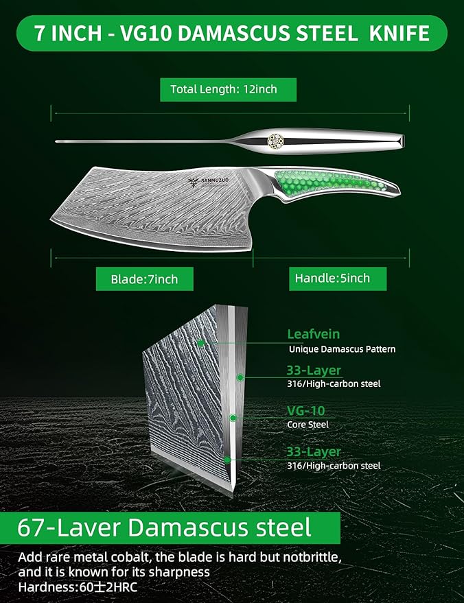 SANMUZUO 7 inch Nakiri Knife, Japanese VG-10 Damascus Steel Meat Cleaver, Ultra Sharp Vegetable Knife with Full-tang Handle in Green Resin, LA-S9 Series