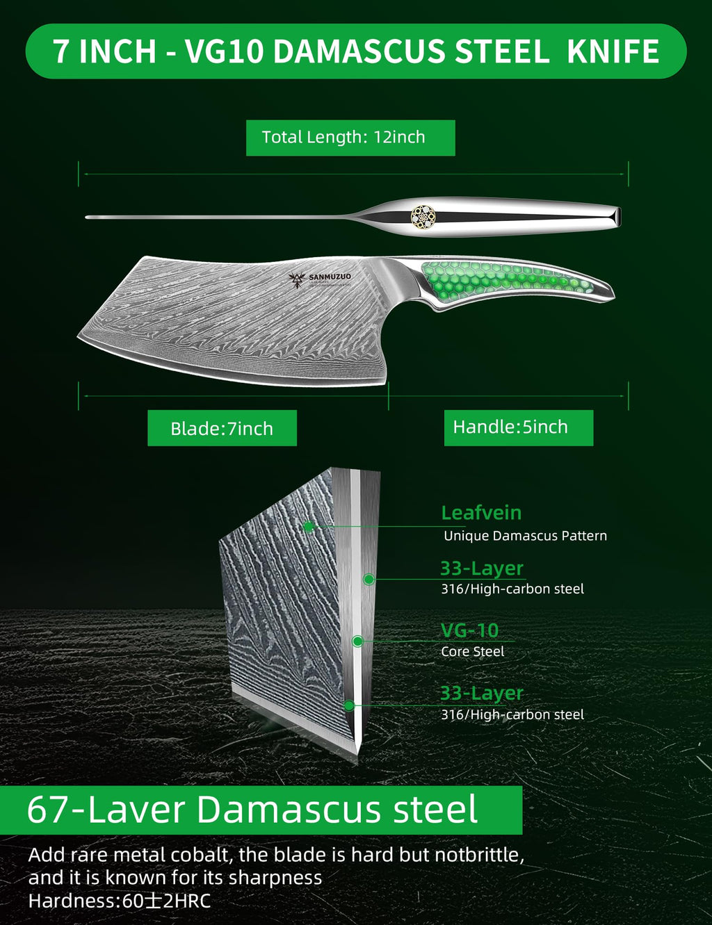 SANMUZUO 7 inch Nakiri Knife, Japanese VG-10 Damascus Steel Meat Cleaver, Ultra Sharp Vegetable Knife with Full-tang Handle in Green Resin, LA-S9 Series