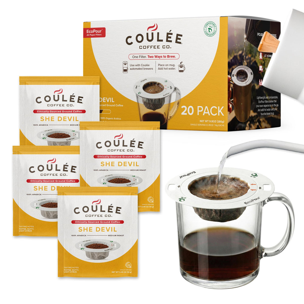 Coulée EcoPour Coffee Variety Pack, Single Serve, 4 Flavors, 20 Pack