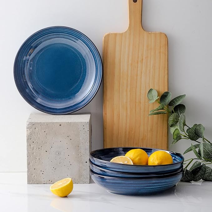 HASENSE Pasta Bowls Set of 2, 8.7 Inch Reactive Glazed Ceramic Salad Serving Bowls for Kitchen, 32 Ounce Shallow Bowls for Pasta Soup Salad Dinner, Microwave Dishwasher Safe, Navy Blue