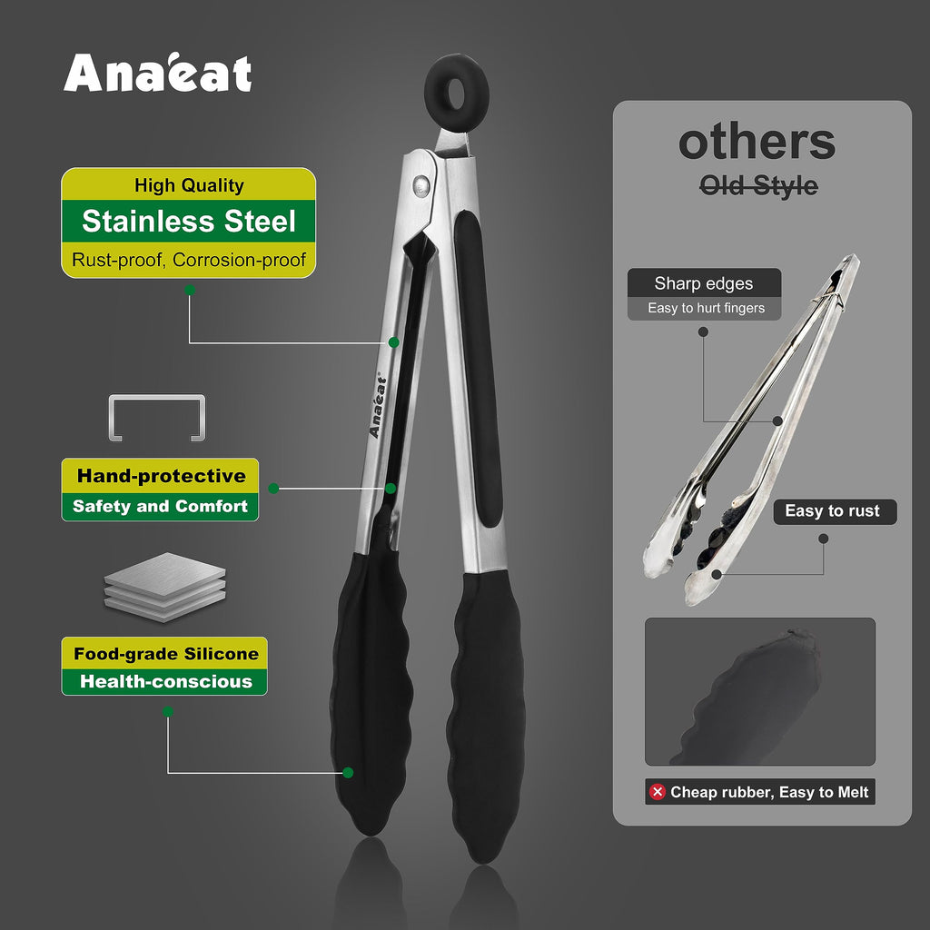 Anaeat Non-Stick Silicone Locking Tong Set of 3 - Stainless Steel 7, 9 and 12 inch Kitchen Food Tongs with Non-Slip Silicone Tips and Grip for Cooking, Baking and BBQ - Heavy Duty & Heat Resistant