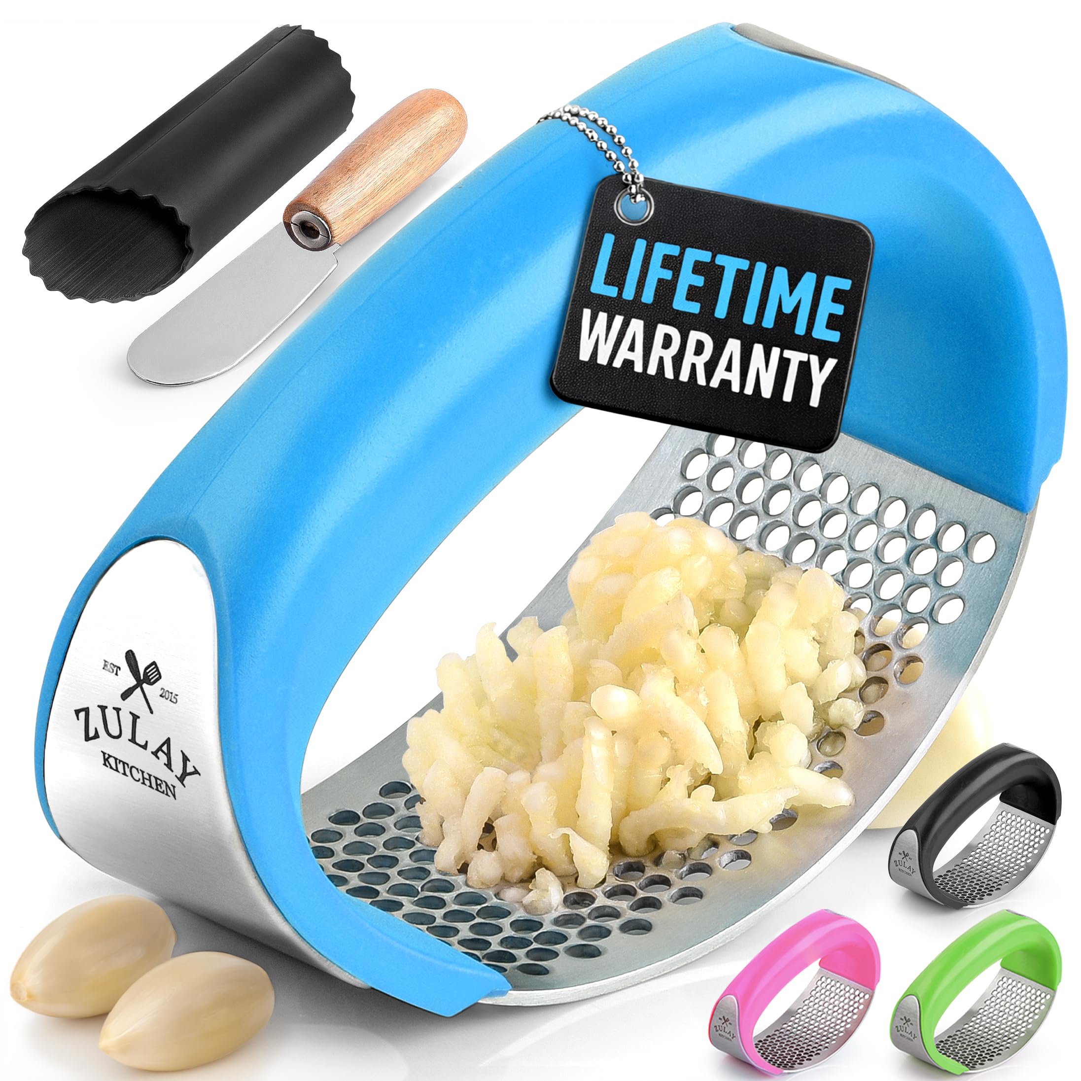 Zulay Kitchen Stainless Steel Garlic Press Rocker Set - Premium Garlic Mincer Garlic Crusher - New Innovative Garlic Crusher with Peeler and Scraper - Comfortable Grip (Blue)