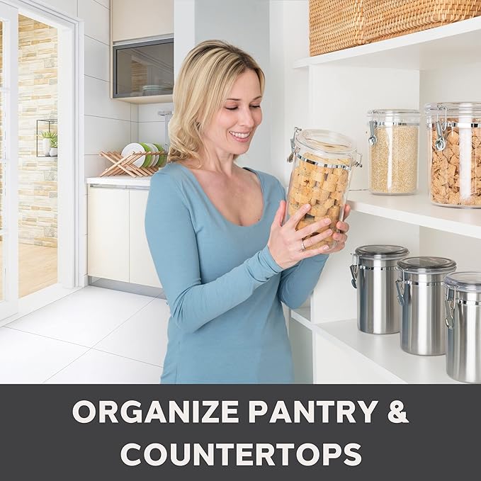 Oggi 4pc Clear Canister Set with Clamp Lids Airtight Containers in Sizes Ideal for Kitchen & Pantry Storage of Bulk, Dry Foods Including Flour, Sugar, Coffee, Rice, Tea, Spices & Herbs