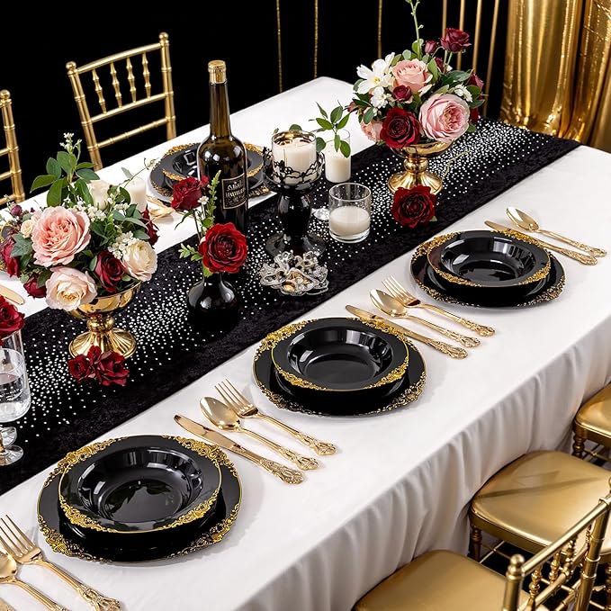 Joyido 100PCS Black Plastic Bowls - 12 oz Black Gold Disposable Salad Bowls - Heavy Duty Soup Serving Bowl - Fancy Plastic Candy Bowl for Weddings, Parties, Dinners, Catering, Picnics