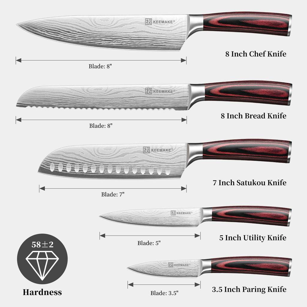 KEEMAKE 5 Pieces Kitchen Knife Set, Professional Ultra Sharp Chef Knife Set
