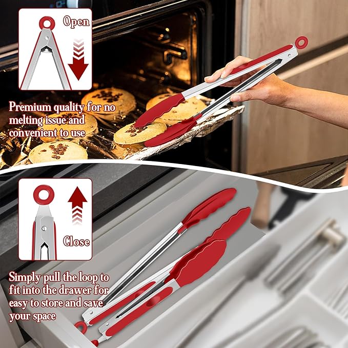 TeamFar Kitchen Tongs, 9"&12" Stainless Steel Heat Resistant Cooking Tongs