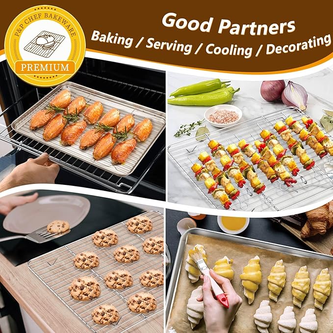 P&P CHEF 16 + 12.5 Inch Baking Sheet with Rack Set, Pans with Flat Racks