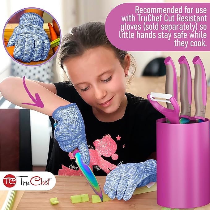TruChef 5-Piece Kids Knife Set for Real Cooking | Stainless Steel Chef, Paring & Serrated Knives with Peeler & Holder | Safe Junior Chef Cooking Set for Kids (5 pcs, Pink)